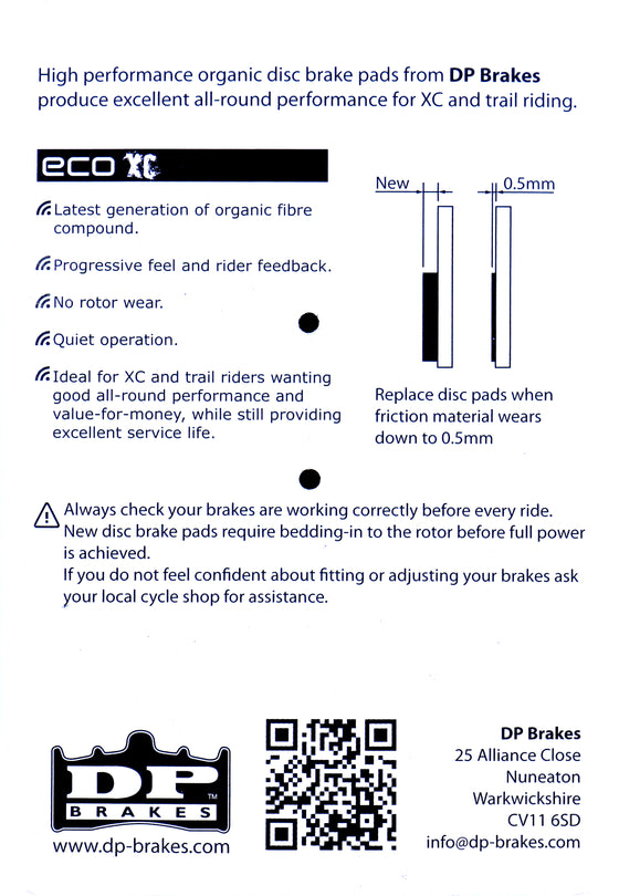 XC ECO - DP BRAKES Organic Disc Brake Pads for Hope Mono Mini Brake Systems