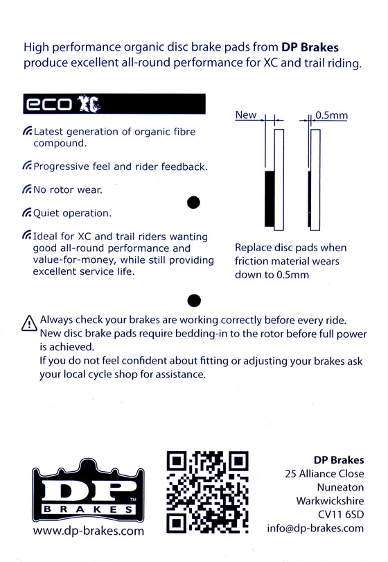 XC ECO - DP BRAKES Organic Disc Brake Pads for Avid BB5 Brake Systems